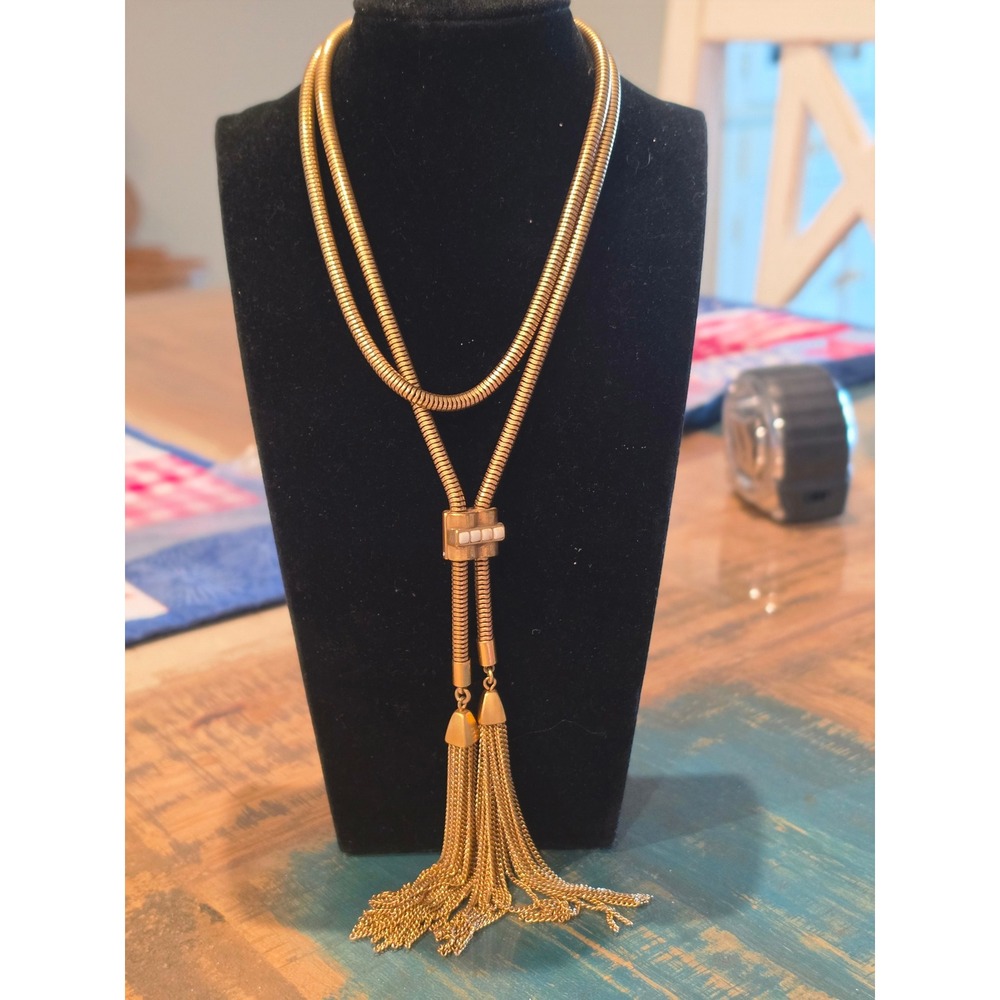 Stella and Dot  Gold Tone‎ Chain Bolo Lariat Necklace Double Tassel Fringe Inlay